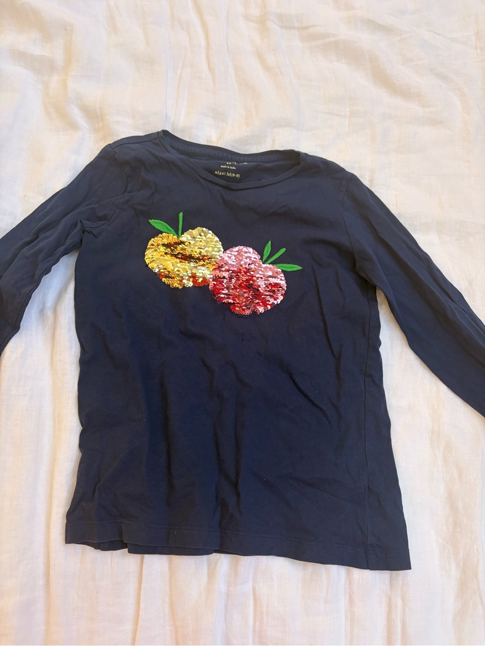 Crewcuts Navy Long-Sleeve Tee with Gold & Red Sequin Apples